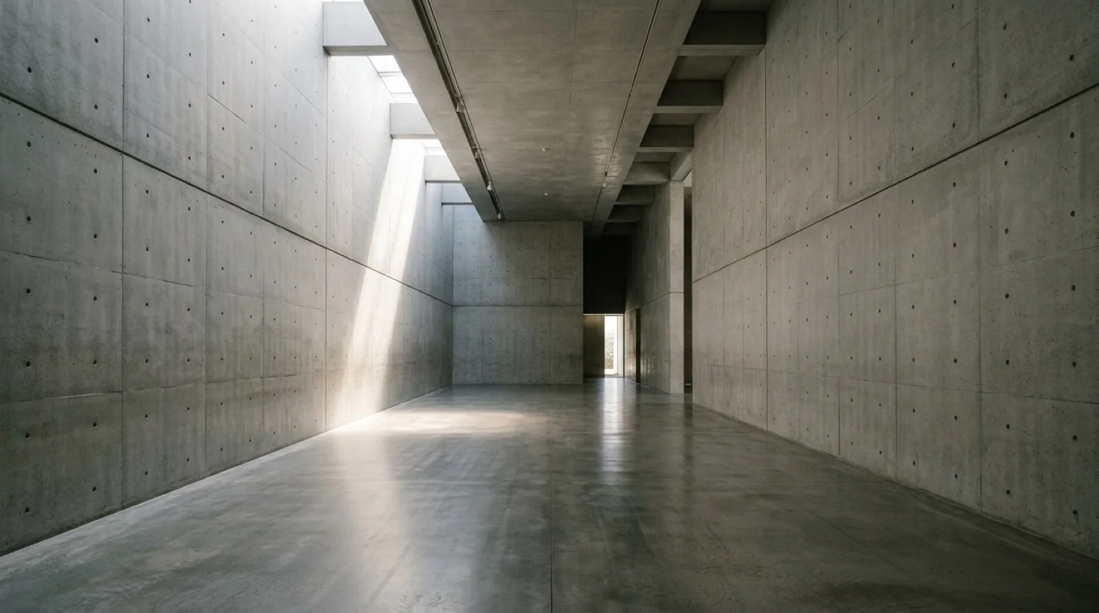 Soaring minimalist concrete gallery hall with natural skylight beam illuminating polished floor.